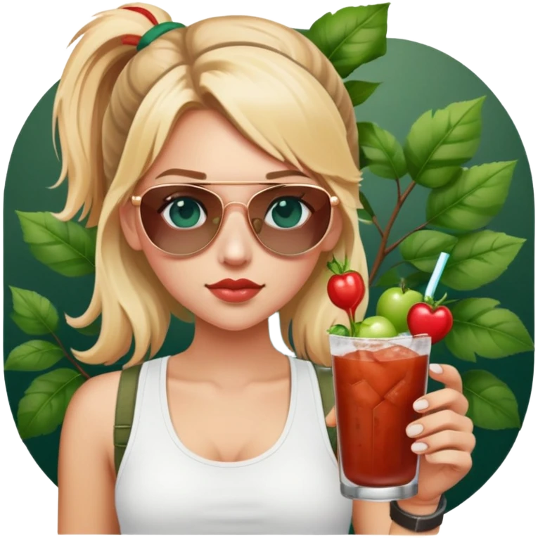 girl with blond pig tailed hair
with blue eyes
and aviator sunglasses
wearing white tank top 
holding bloody mary
wearing (rose gold apple watch with forest green band) emoji