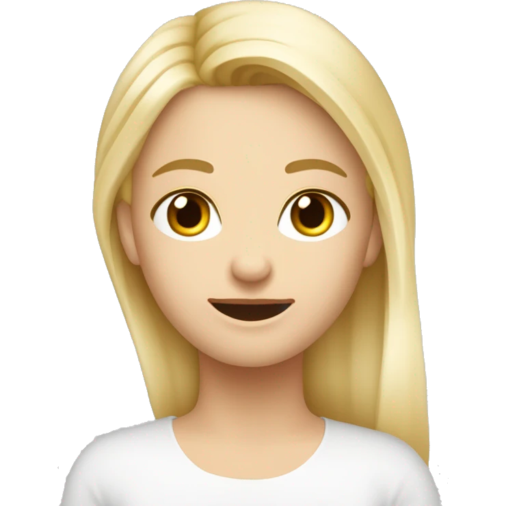 Blondýna, vlasy po prsa, široký úsměv a velká brada, modré oč, kulatý obličej, výrazné obočí emoji