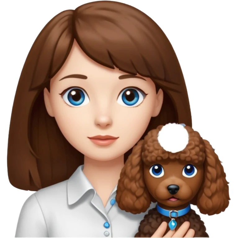 Kobieta z długimi brązowymi włosami, grzywką i niebieskimi oczami. Ubrana jest w białą koszulę. Trzyma na rękach małego brązowego pudelka. emoji