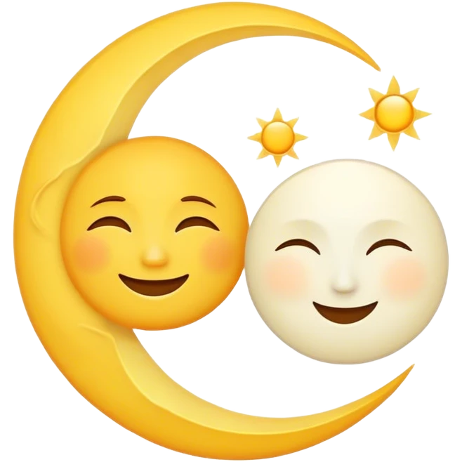 a really bright  big sun and a small moon who shines because of it. the sun is bigger and the tiny \moon bright too beside it smiling looking at each other emoji