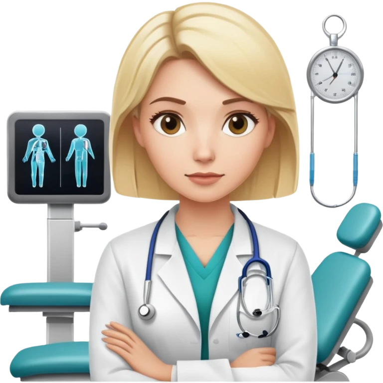 A blonde female kinesiologist with a thoughtful expression, wearing professional medical attire, in a physical therapy clinic setting emoji