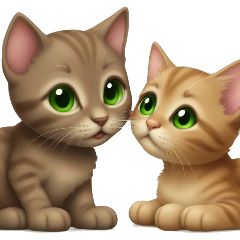 Brown kitten with green eyes giving a kiss to a little brown kitten with brown eyes  emoji