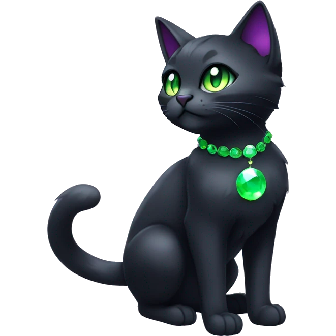Shiny, Sparkly, Black Dark-type-Fakémon-Cat Purple eyes, green gem, full body emoji