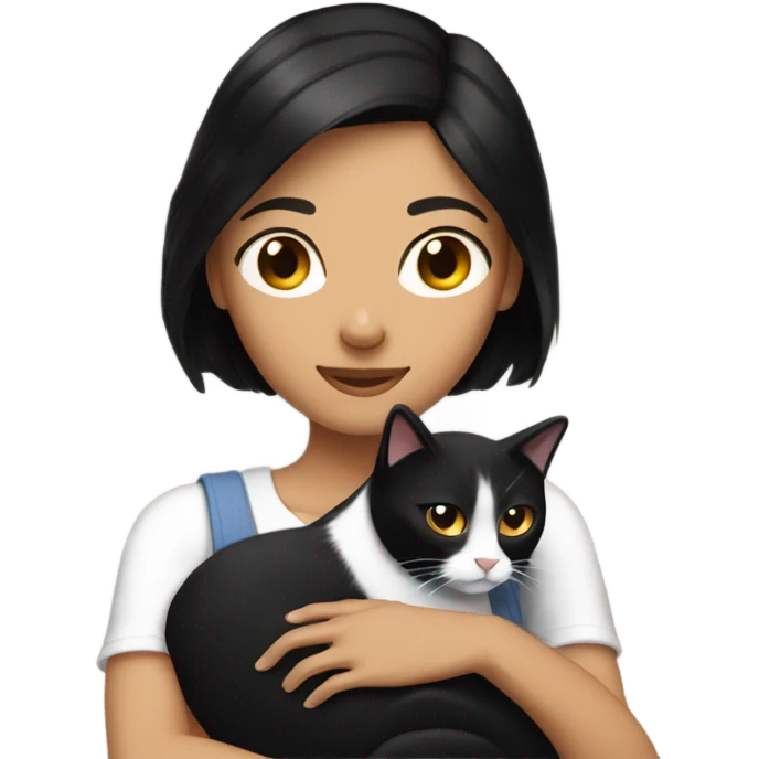  Tanned woman with black hair hugging a black and white cat  emoji