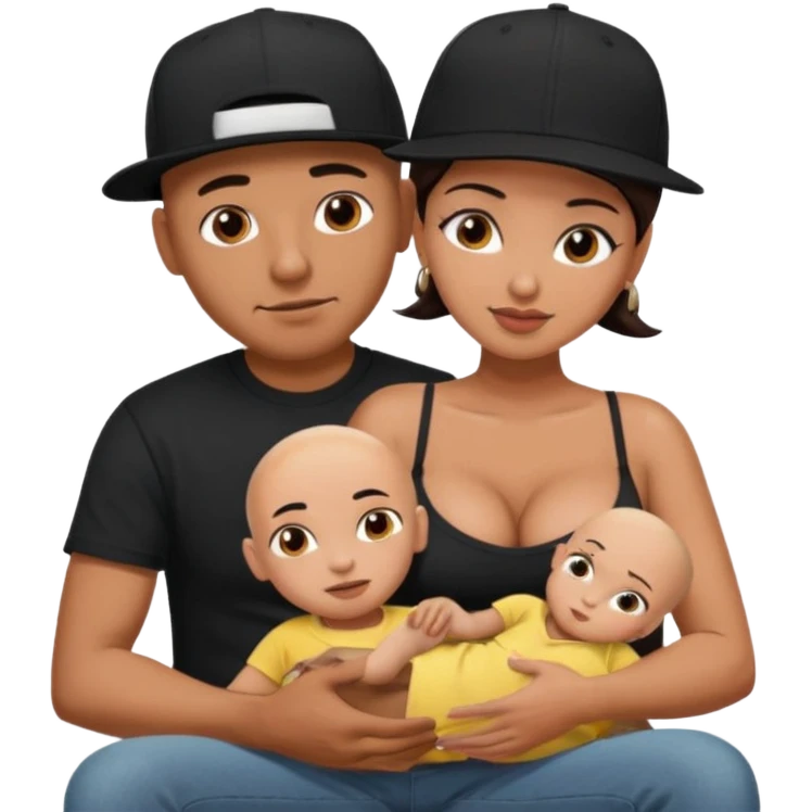 A picture of a tanned couple. the man is a Mexican man with tanned skin, with a bald hair cut wearing a SnapBack hat and a black shirt. the woman on his lap has thick dark brown hair and with big naked boobs that he is grabbing emoji