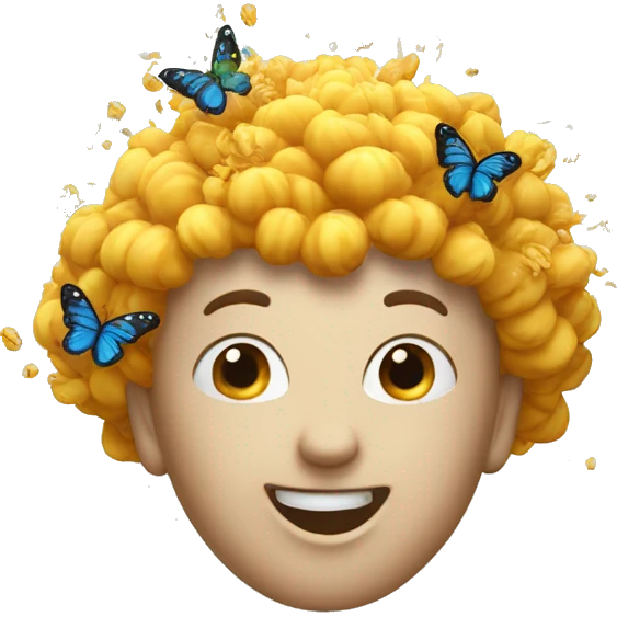 standard exploding head emoji but smiling and with butterflies going out of head emoji