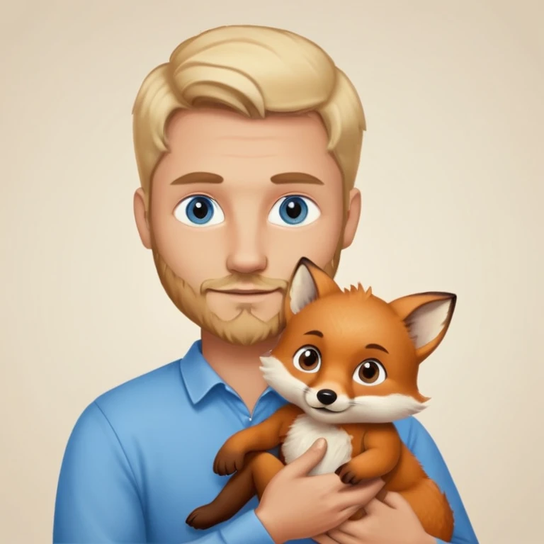 Blonde man with a slight darker beard and blue eyes holding a brown baby fox emoji