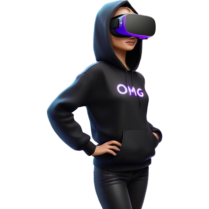 Russian girl wearing black hoody with violet letters "OMG", in vr headset oculus quest2. Standing like jedi. Cyberpunk style. Violet neon. emoji