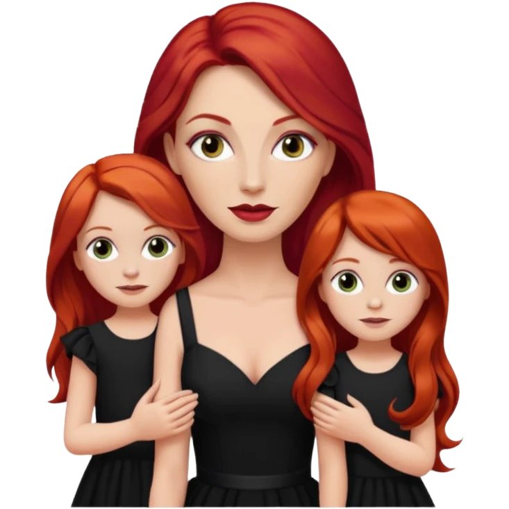 White woman in black dress with long red hair and makeup with two kids emoji