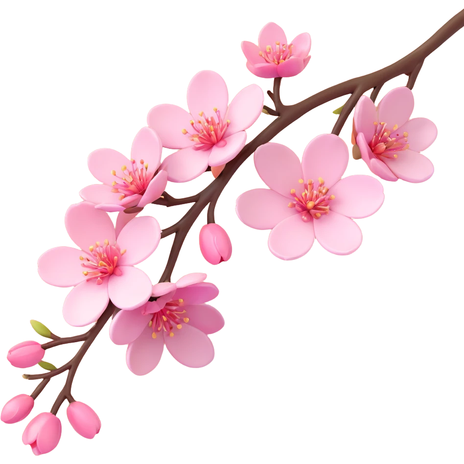 Add dewdrops on the sakura flowers and branch, keep the background transparent, in iOS 3D emoji style. emoji