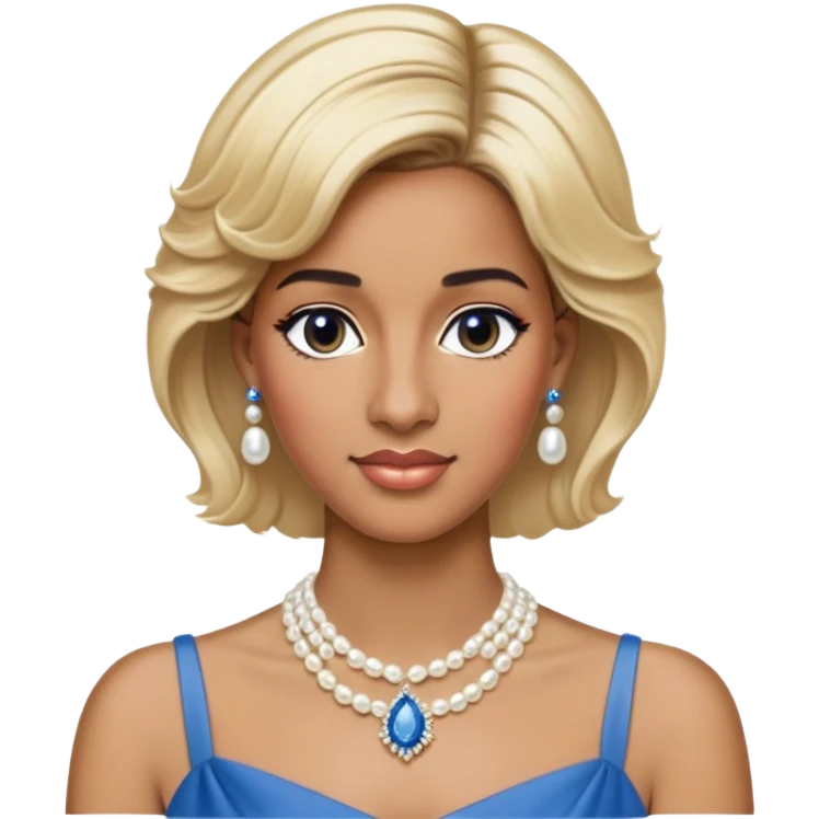 black woman with Princess Diana's iconic short blonde hairstyle, pearl necklace, and elegant blue dress emoji