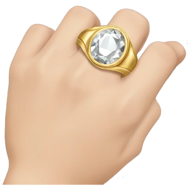 Create a picture that shows a young man's hand wearing a golden bezel wedding ring with a diamond on it. emoji