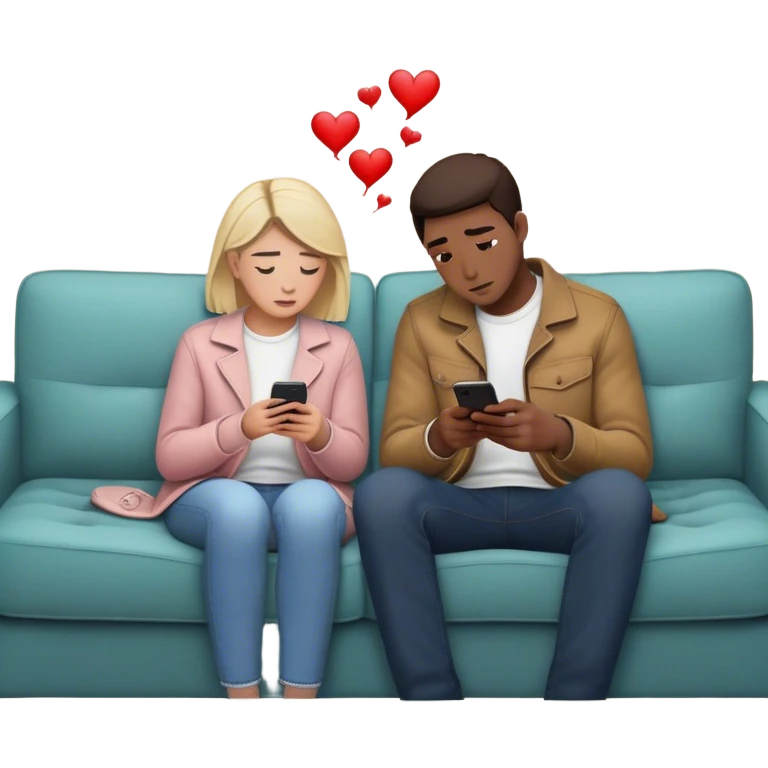 A couple sits on opposite sides of a couch, looking at their phones, disconnected. Between them, a faint, invisible thread connects their hearts—but it’s fraying. One of them hesitates, reaching out, unsure whether to fix it or let it snap. emoji