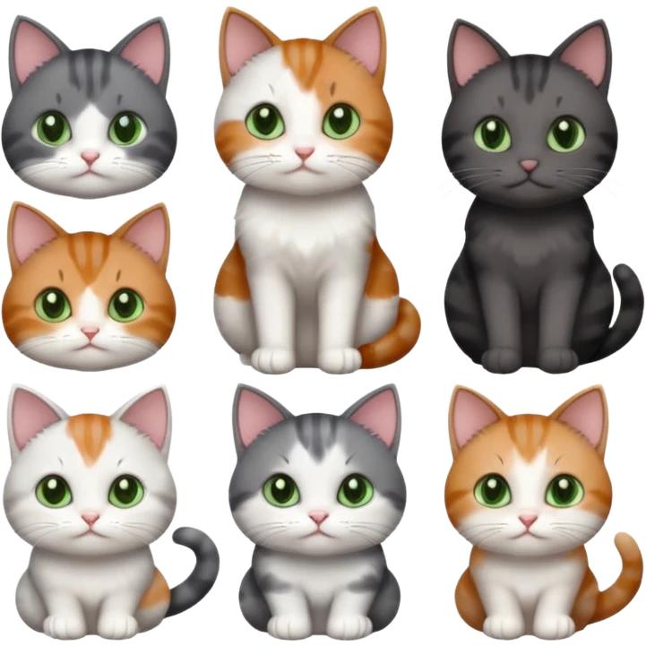 6 different coloured small cats including a dark grey and white, and a patchy calico, and a brown tabby and white,  and a completely solid dark grey with green eyes and only white paws emoji