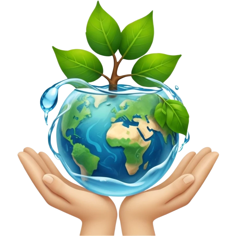 An icon featuring a green leaf, Earth held in hands, and a recycling symbol, symbolizing ecology. The design includes trees, clean water, and animals, representing environmental protection, sustainability, and ecosystems. Transparent background highlights the science of nature and conservation. emoji