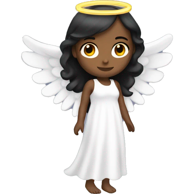 angel with halo and long white dress with wings with black straight hair and brown skin emoji