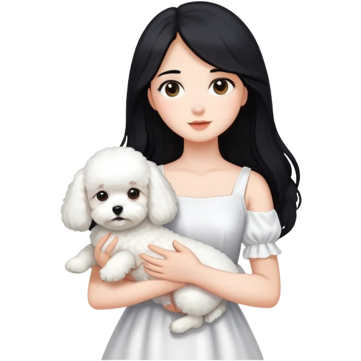 A beautiful girl with long black hair wearing a white dress holds a small white Bichon Frise in her arms emoji