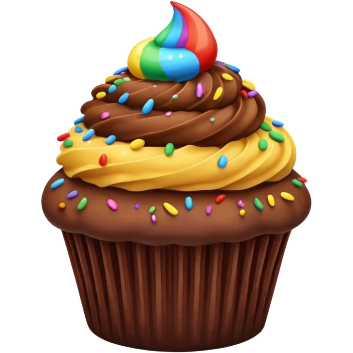 cupcake with brown chocolate frosting and rainbow sprinkles emoji