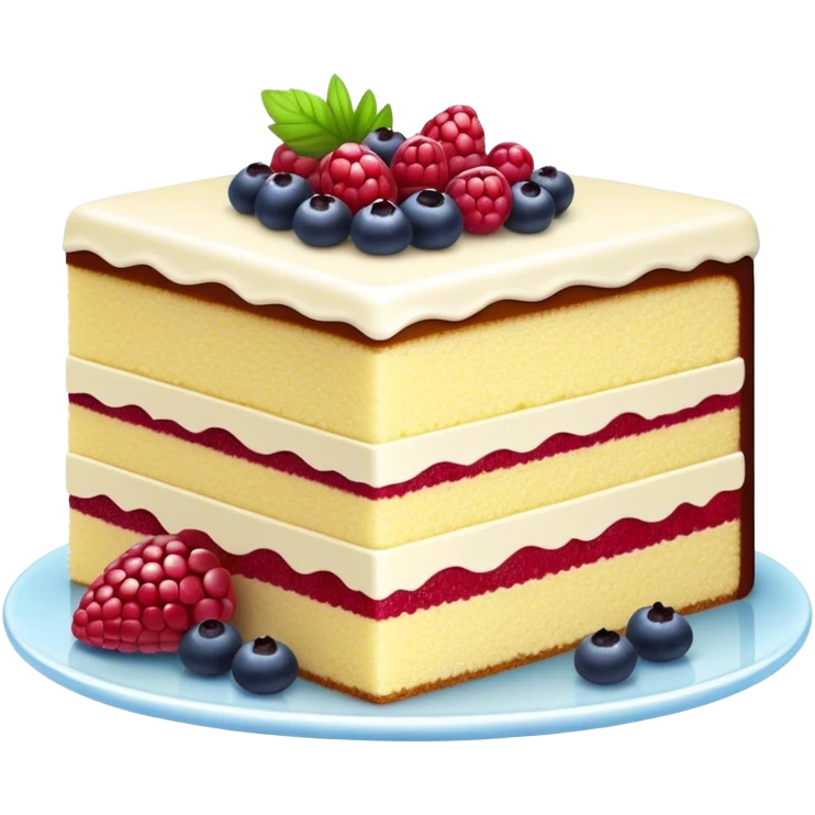 Cinematic luxurious slice of cake, delicate layers of moist sponge and rich frosting, beautifully decorated with fresh berries and a glossy glaze, soft glowing light, elegant and indulgent. emoji