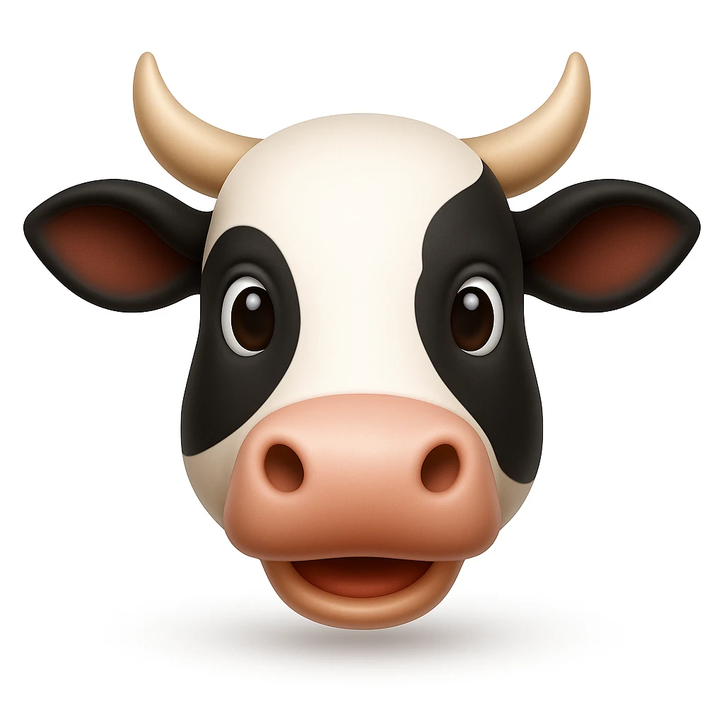 Create a cow face emoji that looks exactly like the reference image, in iOS emoji style. The emoji should have 3D appearance, shiny surface, smooth gradients, soft shadows, a friendly expression, black and white markings, and horns. Add a soft shadow under the face. emoji