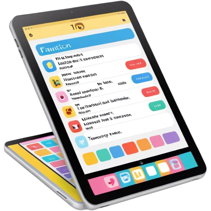 Create an emoji representing fanfiction writing. The design should feature a digital device tablet with visible text, symbolizing the creative process of writing fanfiction. Add a subtle reference to popular fictional characters or universes to indicate the fan aspect. Use a playful, imaginative color palette, blending vibrant tones with soft neutrals. Do not include any emojis or smiley faces. Make the background transparent. emoji