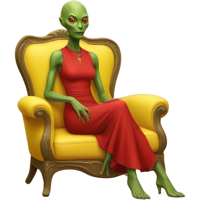 reptilian alien woman in red dress, sitting on a jellow couch  emoji