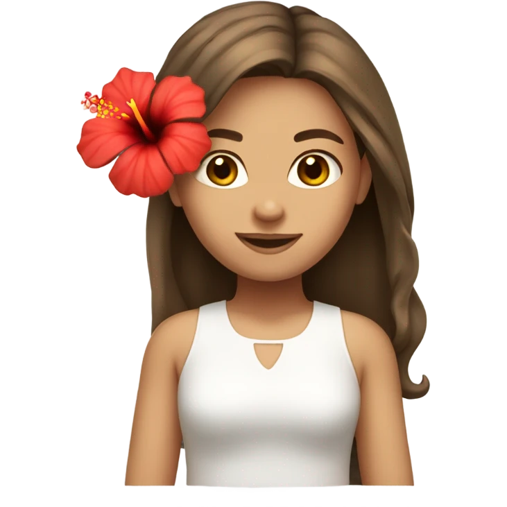Brown haired girl with one red hibiscus flower in her hair wearing a white top emoji