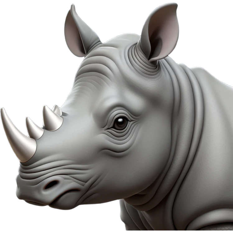 cinematic-noble--rhinoceros-portrait-emoji,slate-grey-hide--poised-and-regal,-with-a-massive,-powerful-build-and-a-thick, -deep-set-soulful-piercing-eyes,-simplified-yet-sharp-and-sophisticated-features,-highly-detailed,-large-black-eyes, zoomed out showing shoulders, large white horn  emoji