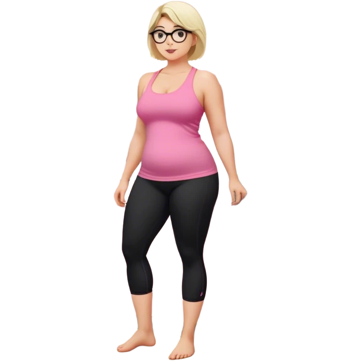Full body view from the side, fair skinned woman, curvy, short blond hair, small reading glasses, cooking dinner in kitchen, pink loose tank top, showing natural B cup breast shape SFW, black yoga pants, large curvy booty emoji