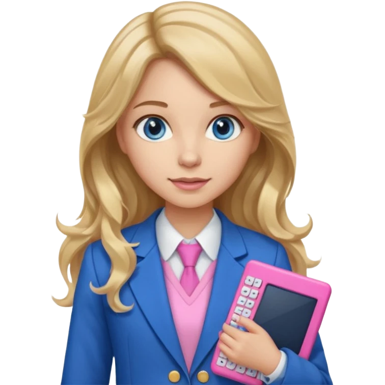 pretty female with long wavy brown hair with blonde highlights and blue eyes holding a pink calculator wearing school uniform which is a blue blazer and white blouse emoji