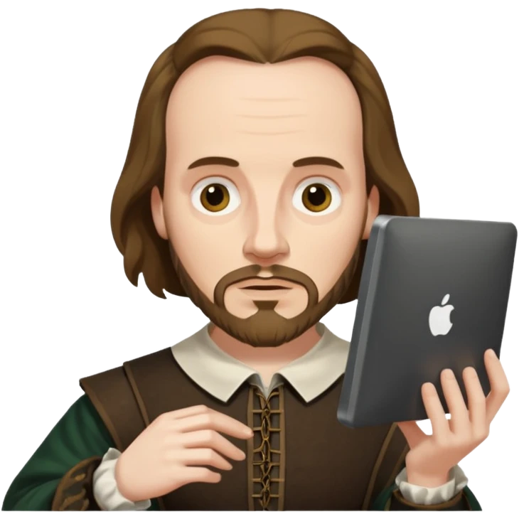 Shakespeare faithful to original portrait holding a computer screen emoji