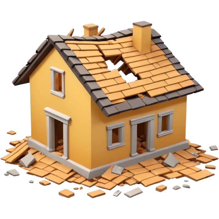 3D iPhone style emoji of a collapsed house, broken walls and roof pieces scattered, debris and ruins visible, isolated on white background, soft shadows, high detail, playful and cute. emoji