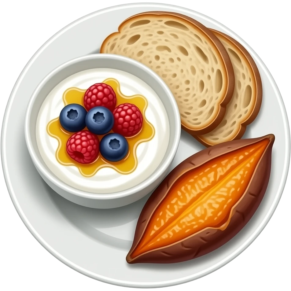 Realistic Plate with greek yogurt bowl topped with blueberries raspberries and maple syrup and sourdough slice topped with a lot of olive oil and a sweet potato on the side HD emoji
