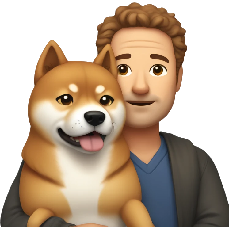 Shiba-inu cuddles middle age man with curly brown hair without bear  emoji