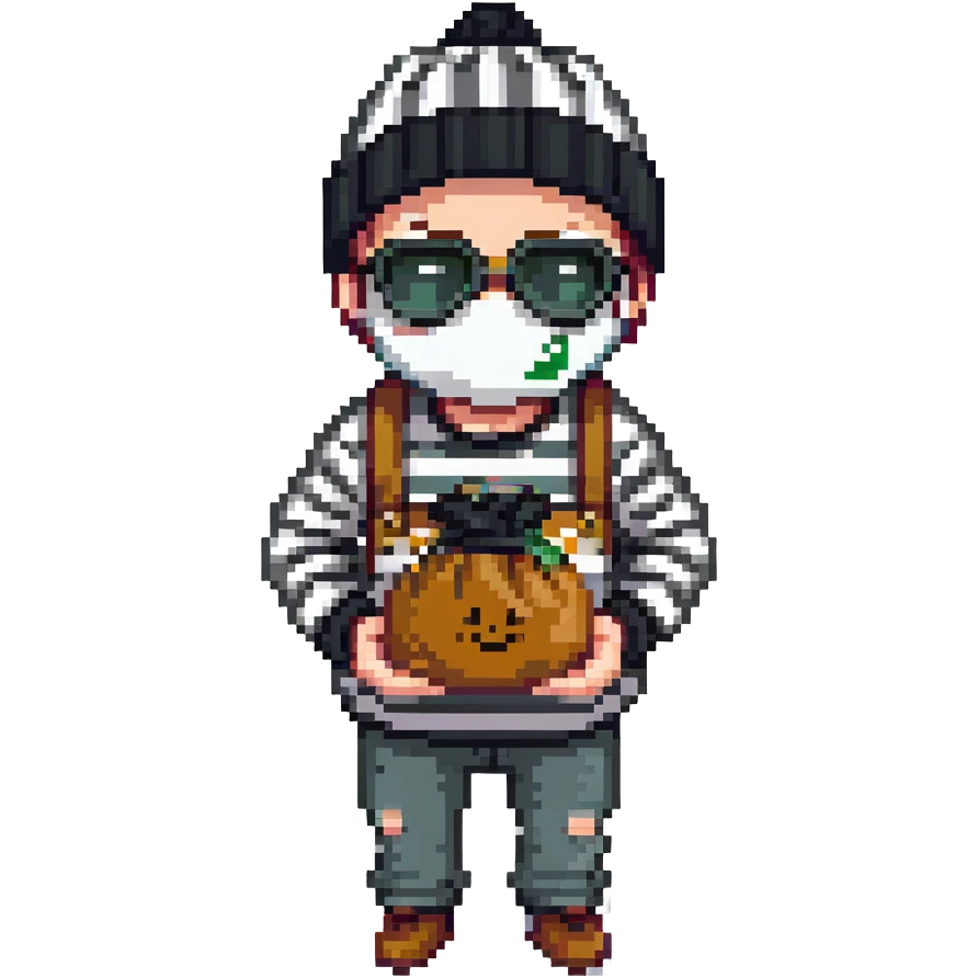 burglar with black and white striped shirt, black beanie, black mask over eyes, holding a moneybag emoji