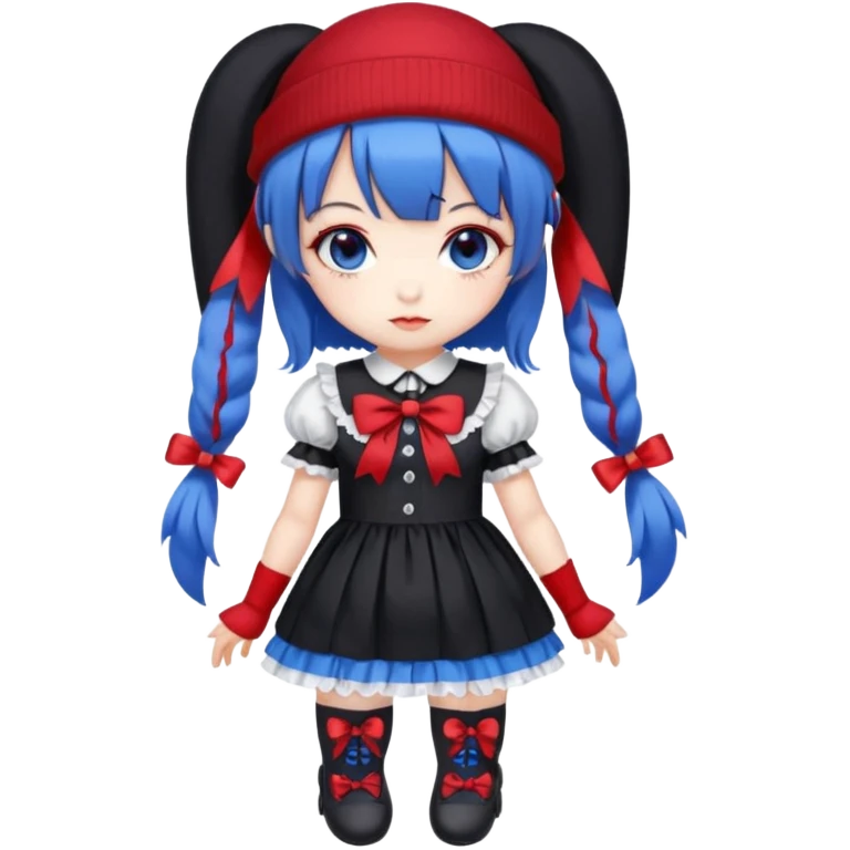 Chibi kawaii, violet eyes, black-blue twin tails, red ribbons, red beanie, black & white lolita dress with red accents, white thigh-highs, black mary janes, cute aesthetic. emoji
