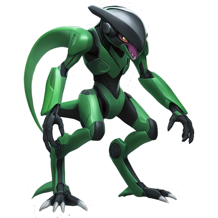 a shiny black-green Genesect-Raptor-Fakémon—hybrid with a futuristic visor-helmet full body emoji