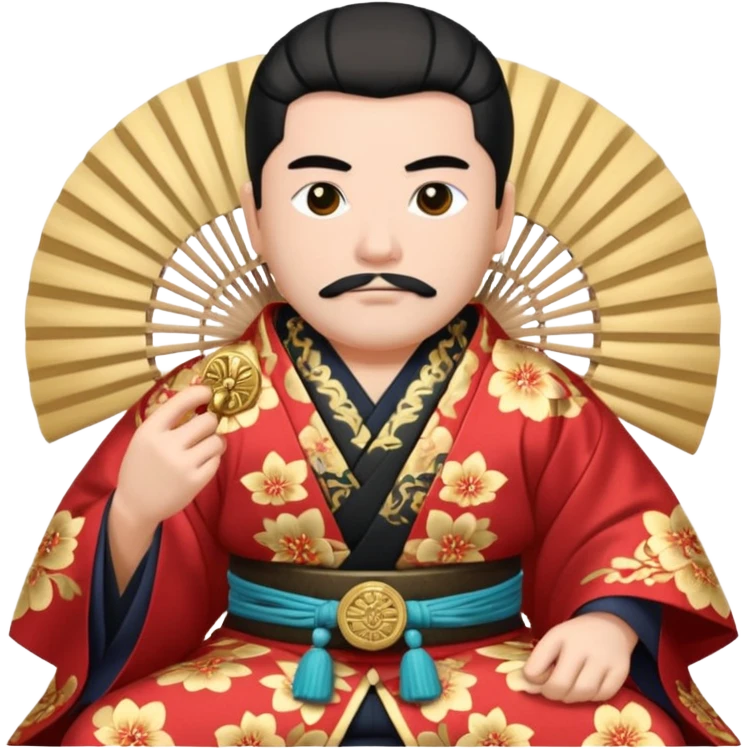 Wealthy warlord in ornate kimono, crest on chest, seated with fan in hand. emoji