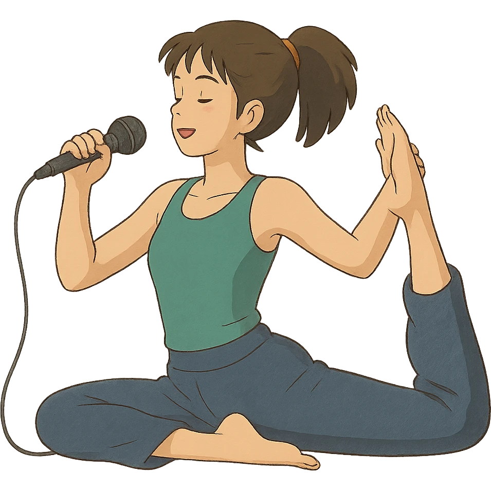 ghibli style illustration of a woman doing yoga with a microphone emoji