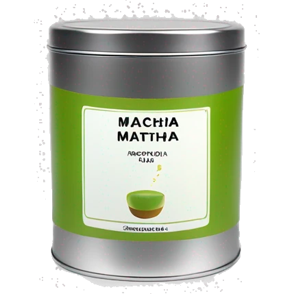 realistic lit matcha scented candle in a silver tin with a small white label that says ‘matcha’ emoji