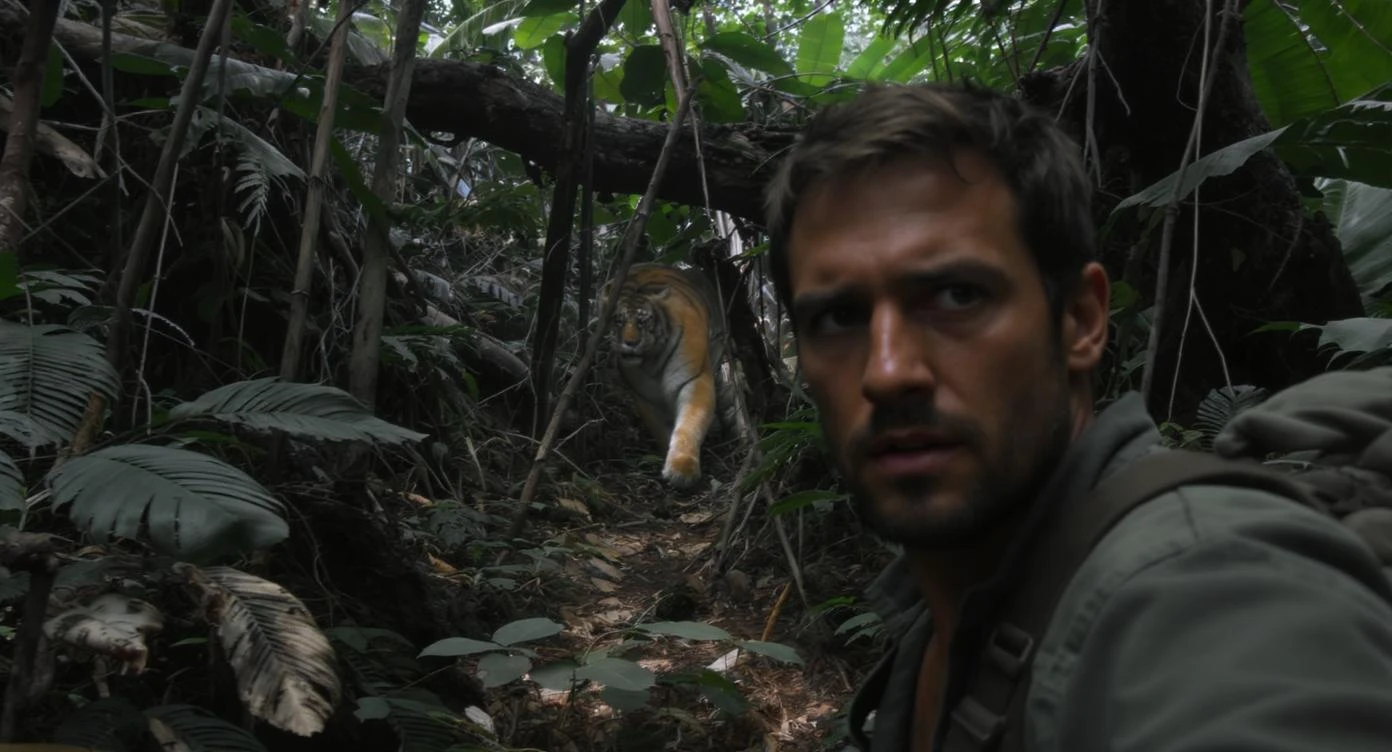 cinematic still, documentary photography, amazon jungle, well lit scene, man is exploring the jungle, close up, front shot, rule of thirds, tiger in background sneaking trying to jump on man emoji
