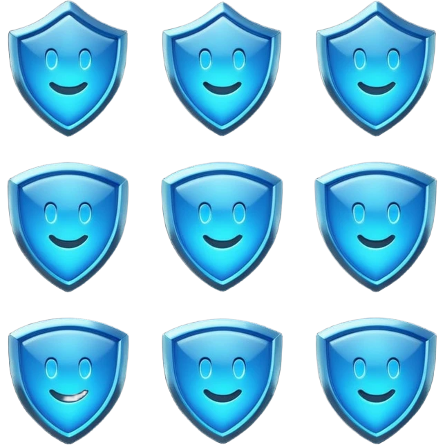 Futuristic glowing blue emoji badge set for the brand name “DRAEV” — includes shield, checkmark, camera, briefcase, verified tick, bot face, and rocket. Neon blue glow, dark gradient background, cyber aesthetic, 3D soft lighting, premium tech style. emoji