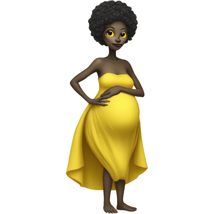 Pregnant black alien woman, full body in jellow  dress emoji