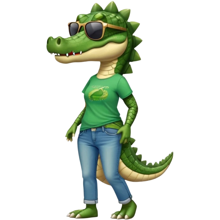 anthropomorphised female crocodile in a band t-shirt and jeans with sunglasses walking upright, relaxed pose emoji