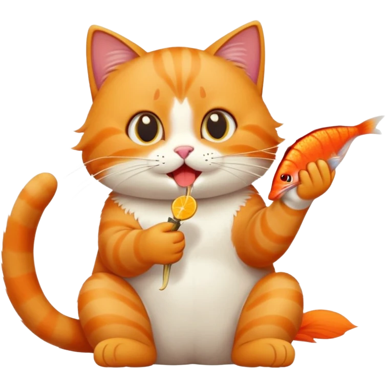 cat full body sitting eating a fish playful expression emoji