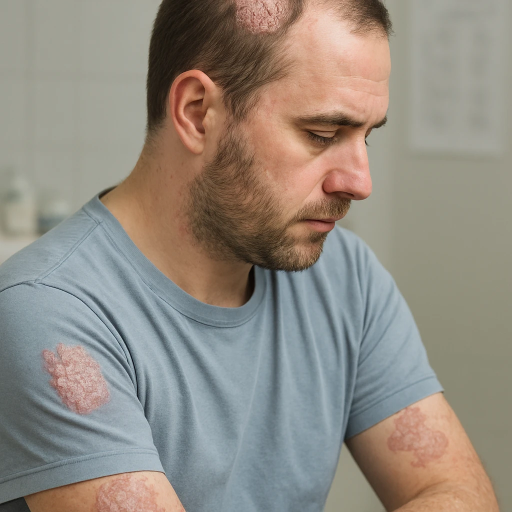 realistic image of a man with psoriasis, showing visible skin patches on arms or scalp, medical and respectful context, no explicit details emoji