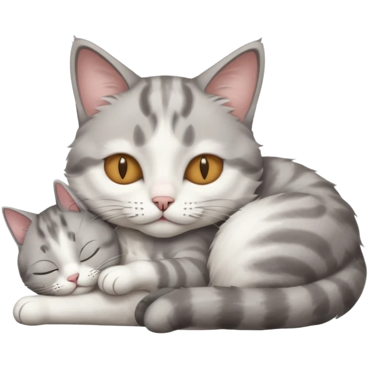 grey and white small cat with its eyes closed lying down with his paw curled under his head holding it up emoji