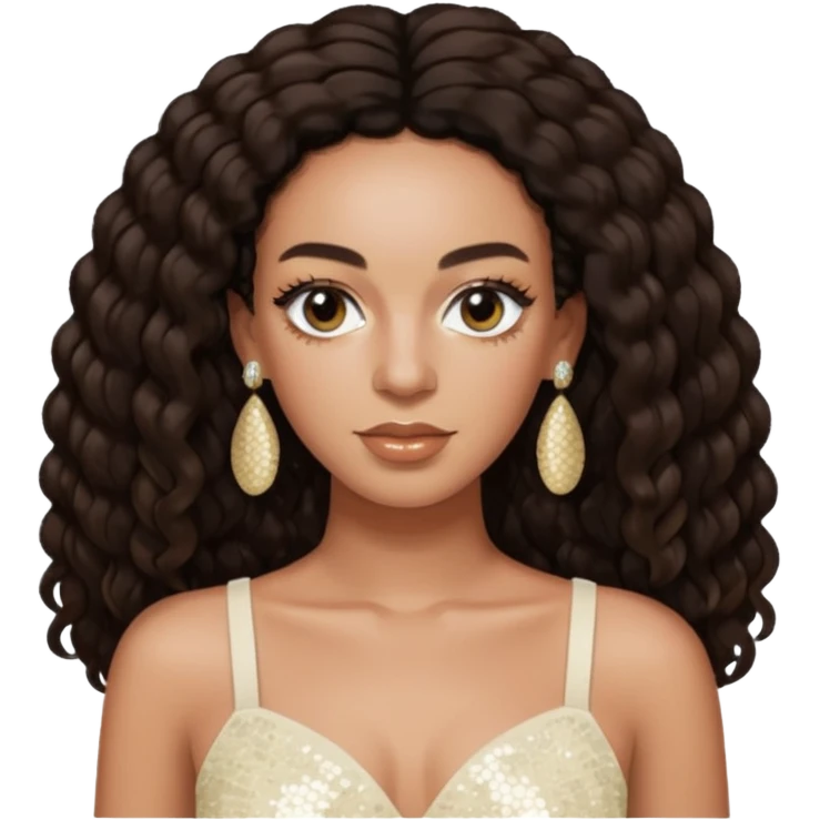 Solange with long dark brown hair, ivory sequin crop top, ivory earring emoji