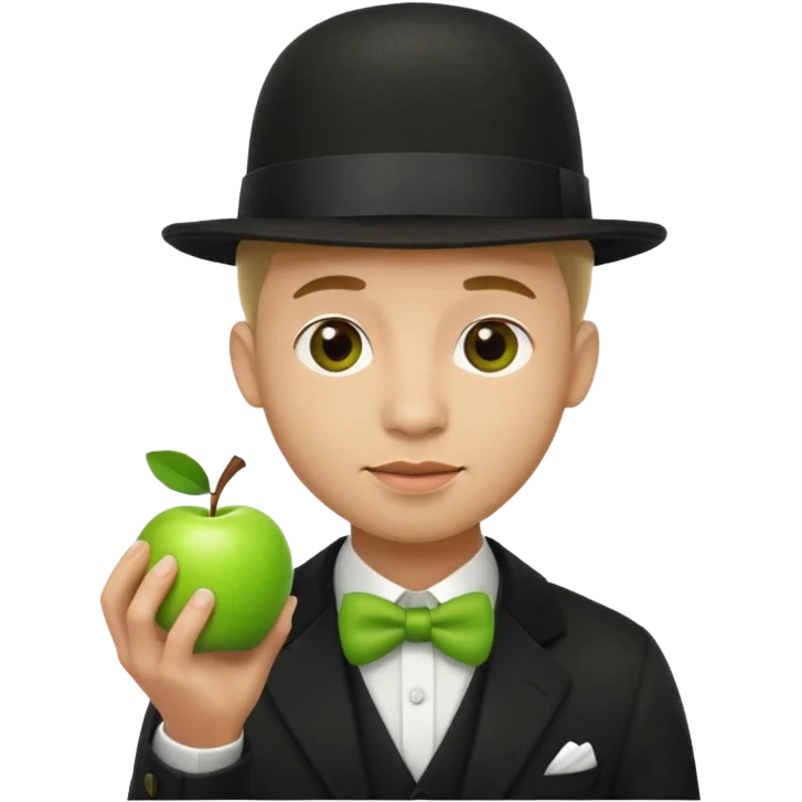 homme en costume chapeu melon aven avec une pomme verte dqui cache son visage  emoji