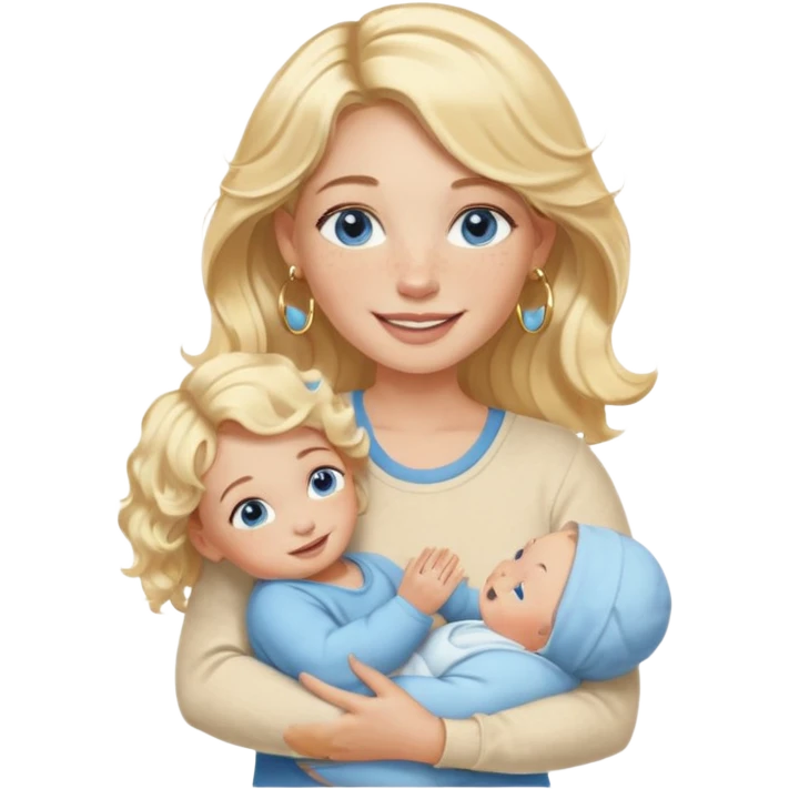 Wavy blonde, white woman with blue eyes, freckles hoop earrings, holding babies smiling and really cute in gold hoops she needs to be holding three newborns, and she needs to be more cute than pretty emoji